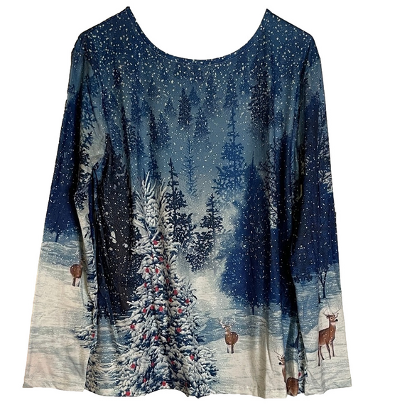 UNBRANDED Winter Forest Long Sleeve Tee, Women’s Size L, Blue White - Picture 1 of 5